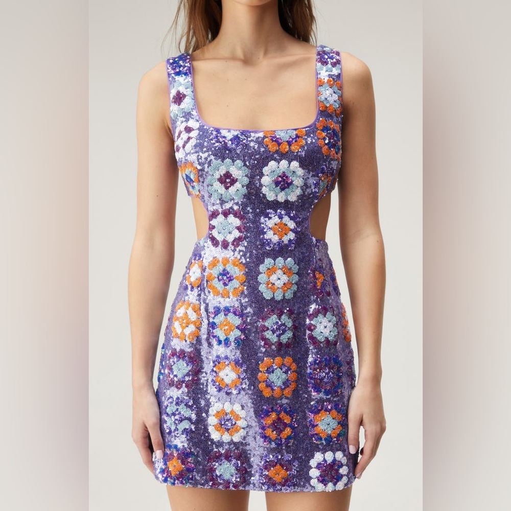 NEW Lavender Floral Sequin Minidress w/ Cutouts